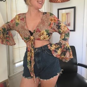 Tiered Bell Sleeve , Tie Front Crop